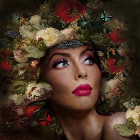 Porträt mit Blumen und Schmetterlingen
