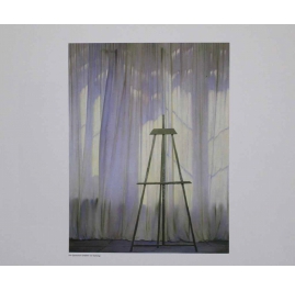 Easel in front of curtain