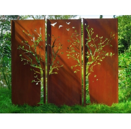 Stahl-Gartenmauer - "Triptychon Baum" - Modernes Outdoor-Ornament - 225 x 195 cm