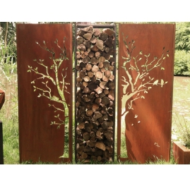 Stahl-Gartenwand - "Diptychon Baum mit Brennholzgestell" - Kunst für draußen - 205×195 cm