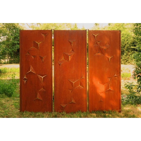 Steel Garden Wall - "Triptych Triangles" - Modern Outdoor Ornament - 225×195 cm