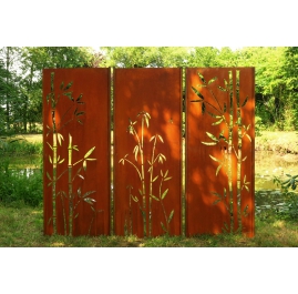 Steel Garden Wall - "Triptych Bamboo" - Modern Outdoor Ornament - 225×195 cm