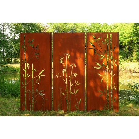 Steel Garden Wall - "Triptych Bamboo" - Modern Outdoor Ornament - 225×195 cm