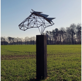 Outdoor wire sculpture - Wire Horse on a oxidised oak pedestal - unique ornament