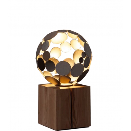 Contemporary Sculpture - "Globe Lamp", rusted on an oak pedestal - Small Height