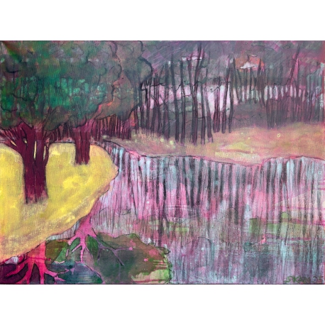 Yellow Land by the Lake - Gelbes Land am See – Painting by Skadi Engeln