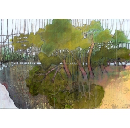 Yellow Land by the Lake - Gelbes Land am See – Painting by Skadi Engeln
