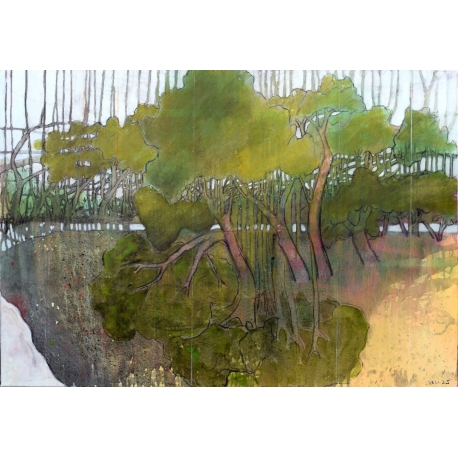 Yellow Land by the Lake - Gelbes Land am See – Painting by Skadi Engeln