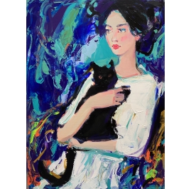 The Girl with the Black Cat Figruative Painting by Liliya Nikolova